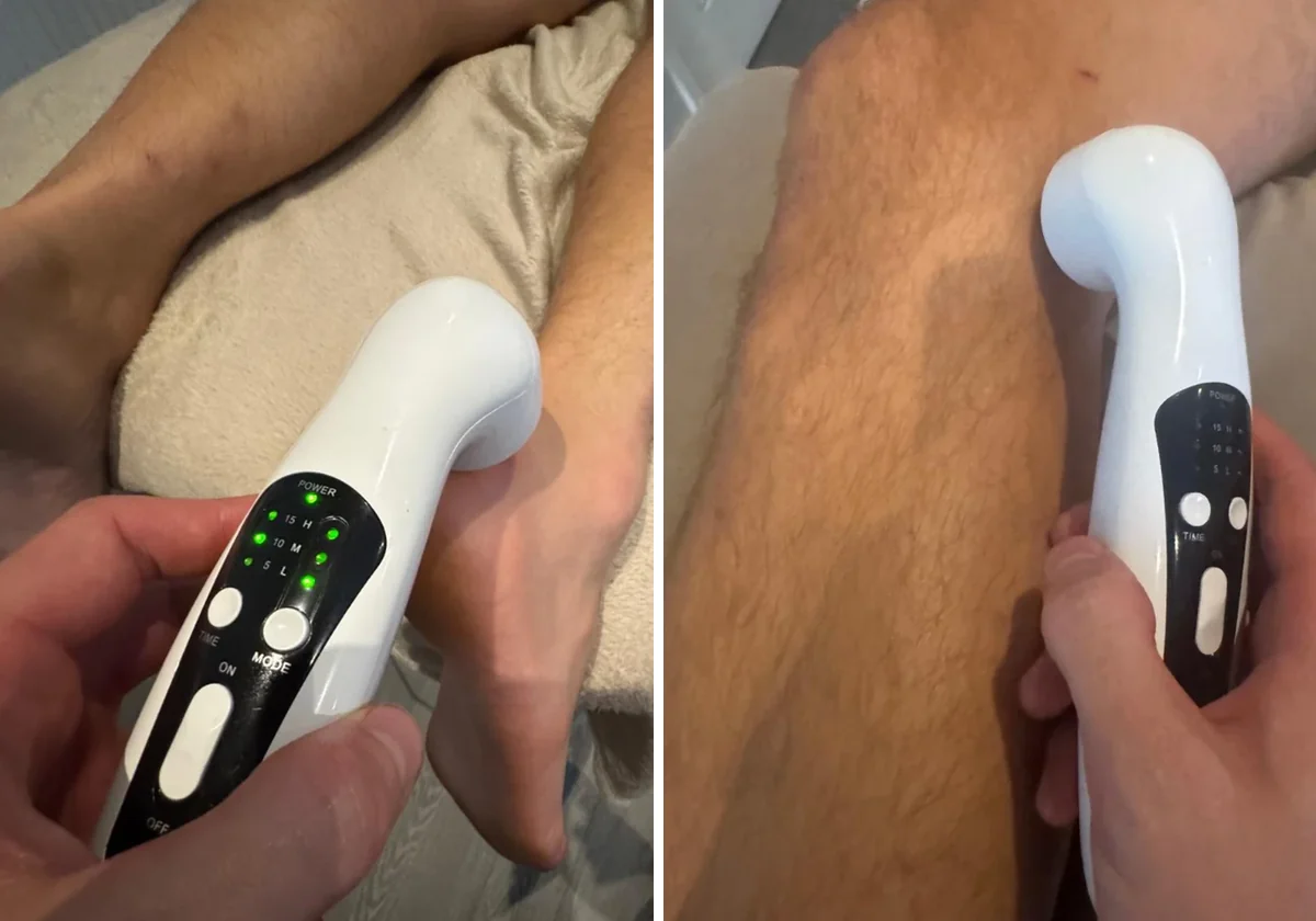 Therapeutic treatment being applied around the ankle and knee